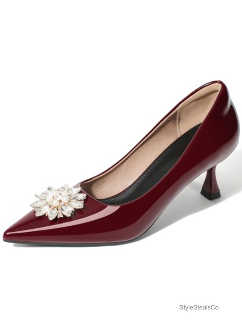 Rhinestone Pointed Toe Kitten Heels Leather Pumps